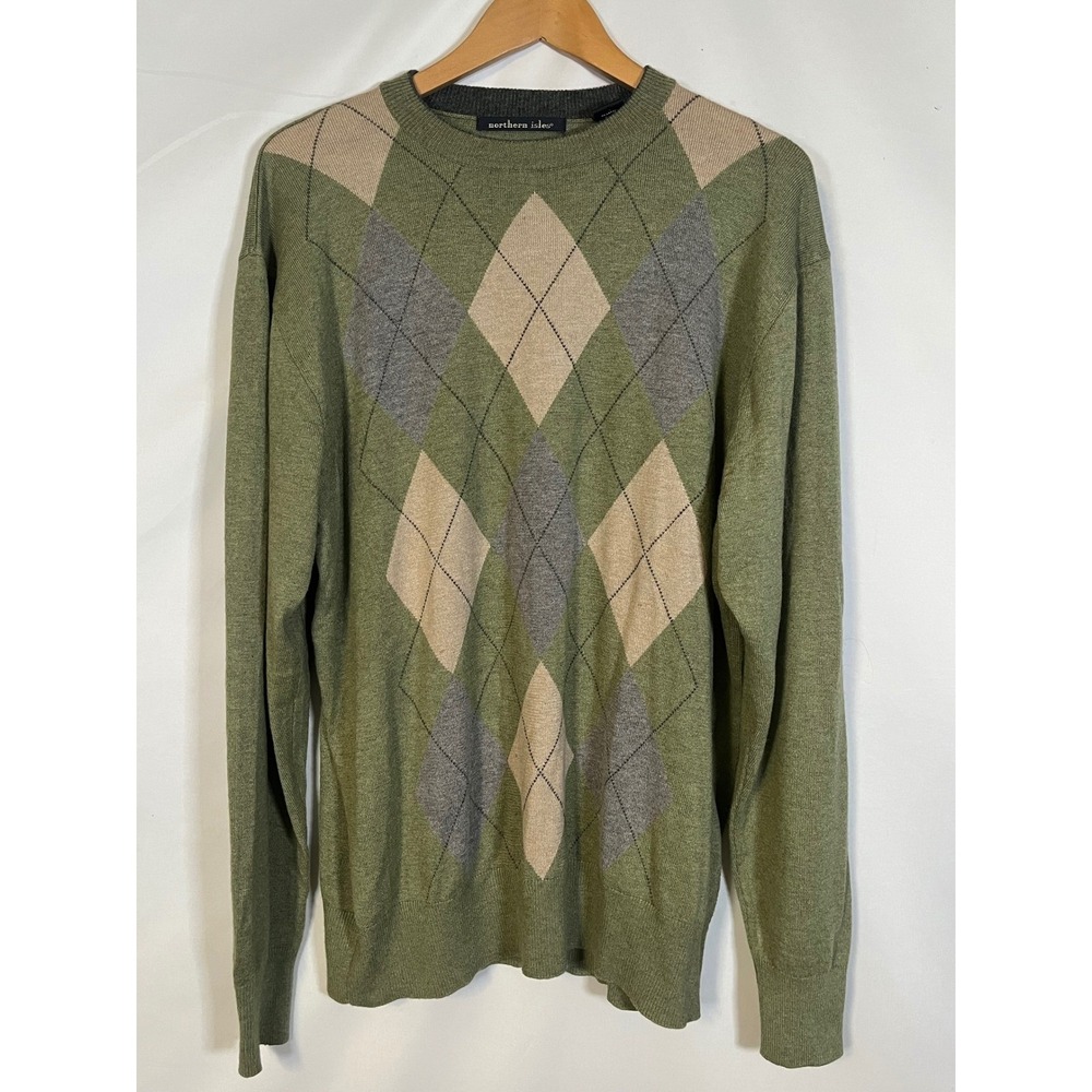 Northern Isles Mens Argyle Sweater Green Silk Cashmere Blend Crewneck Large